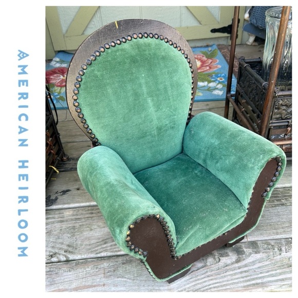 Vintage Victorian Green Velvet Upholstered Doll Chair - Picture 1 of 9